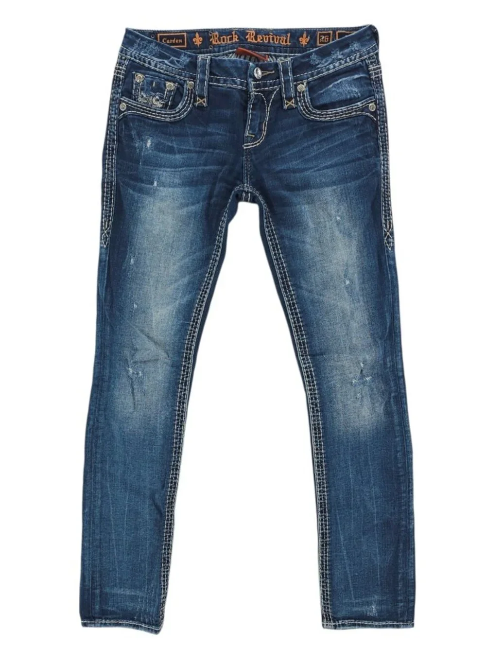 ROCK REVIVAL Carden Straight Blue Jeans Distressed Embellished Size 26